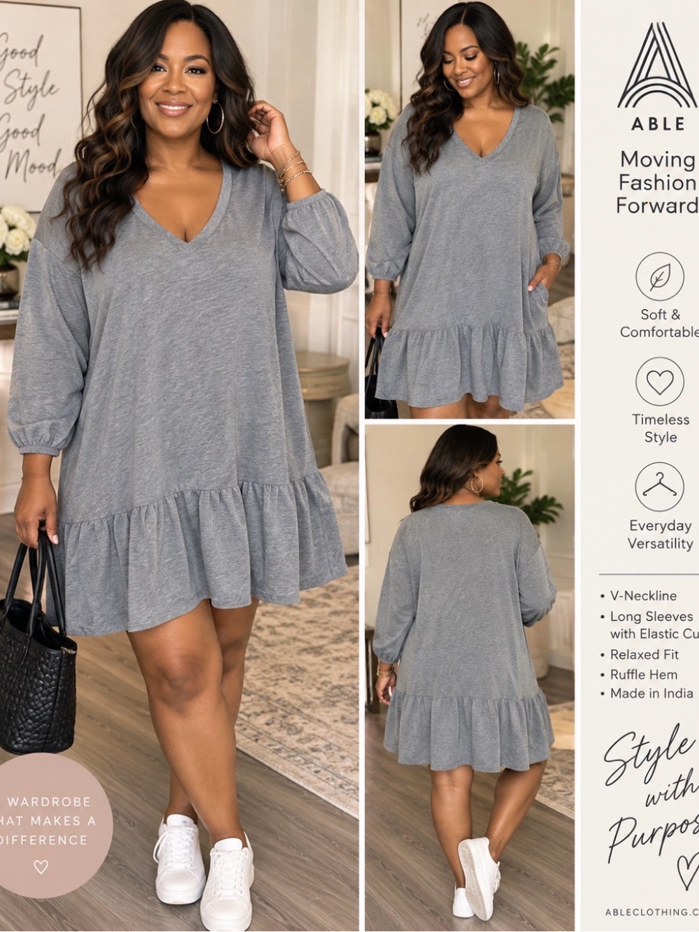 Able Gray V-Neck Ruffle Hem Mini Dress style “Meredith”